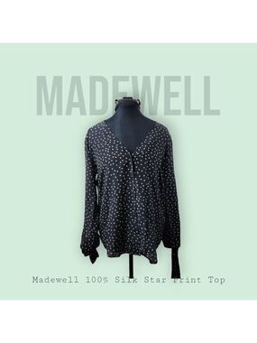 Madewell 100% Silk Star Print Blouse M Black White | Tie Sleeve, Button Front